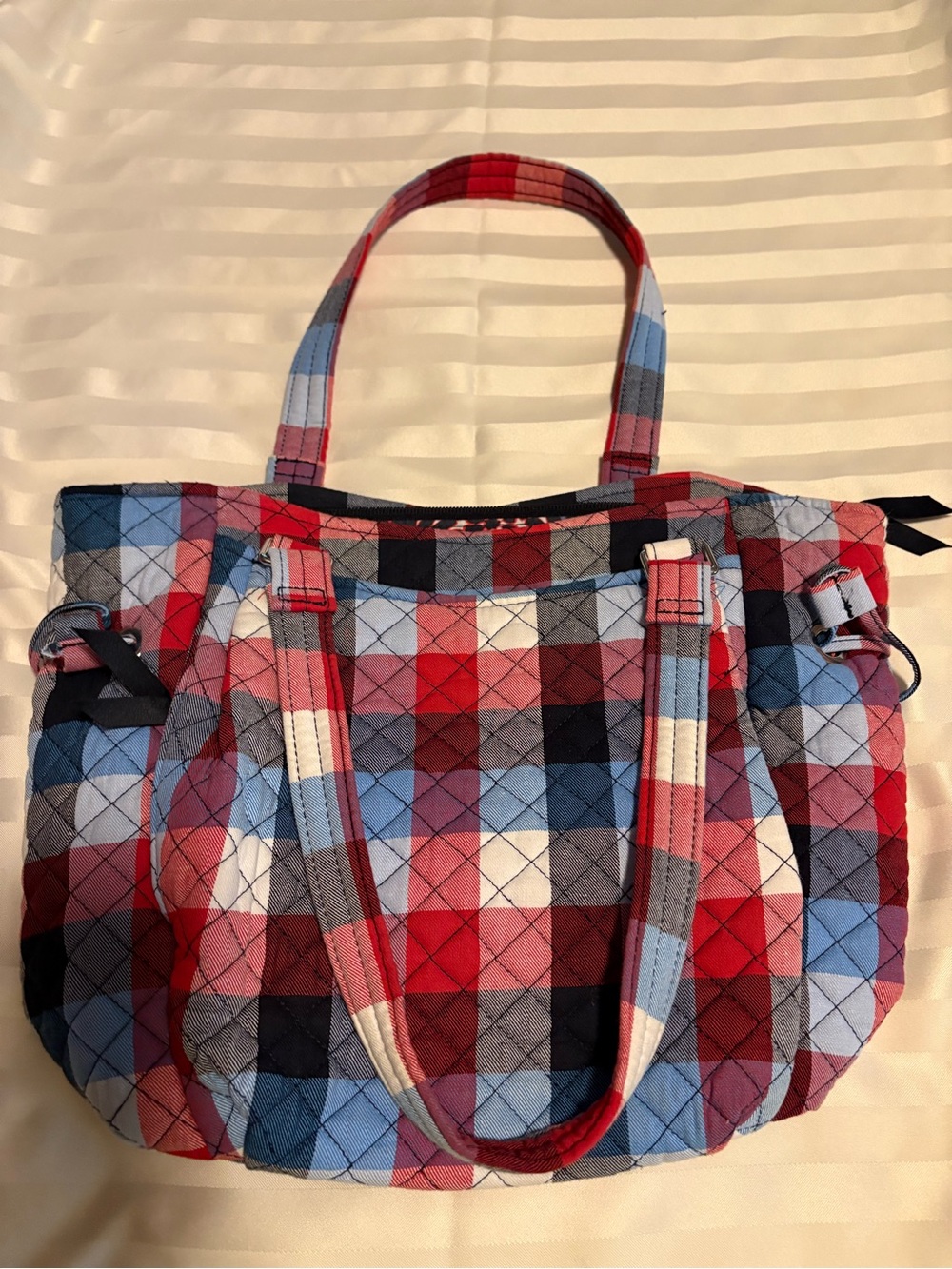 Quilted Plaid Tote Bag in Red, Blue & White, looks, feels of Vera Bradley